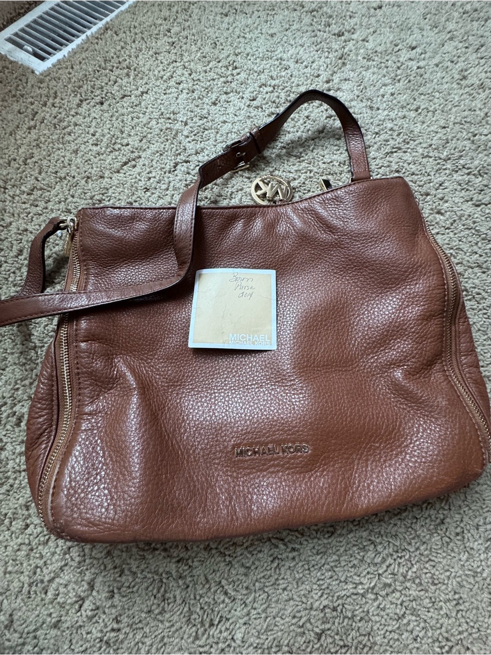 Michael Kors Cognac Pebbled Leather Tote with Gold-Tone MK Charm
